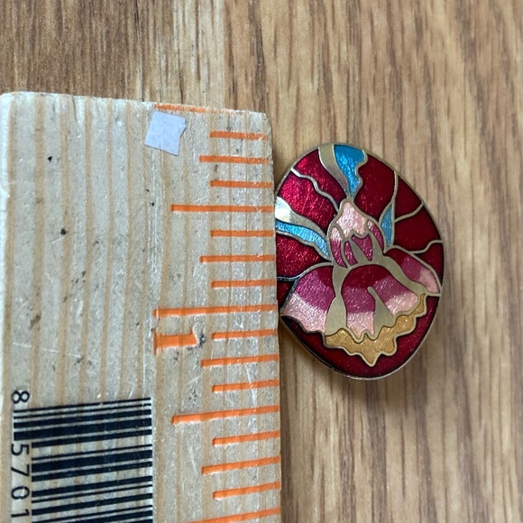Vintage Cloisonne Oval Clip On Earrings Floral Flower Red -Pink -Green Gold Tone - Picture 6 of 7